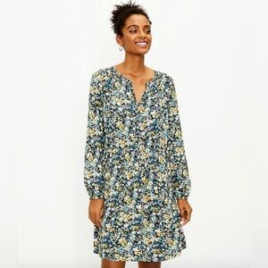 NWT LOFT Floral Button Front Long Sleeve Dress XSP Petite Tiered Boho Midi
